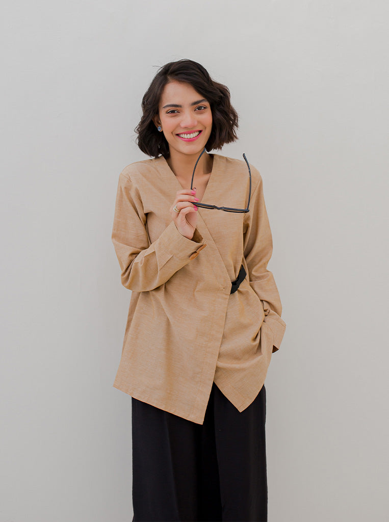 TAN BROWN WRAP TOP