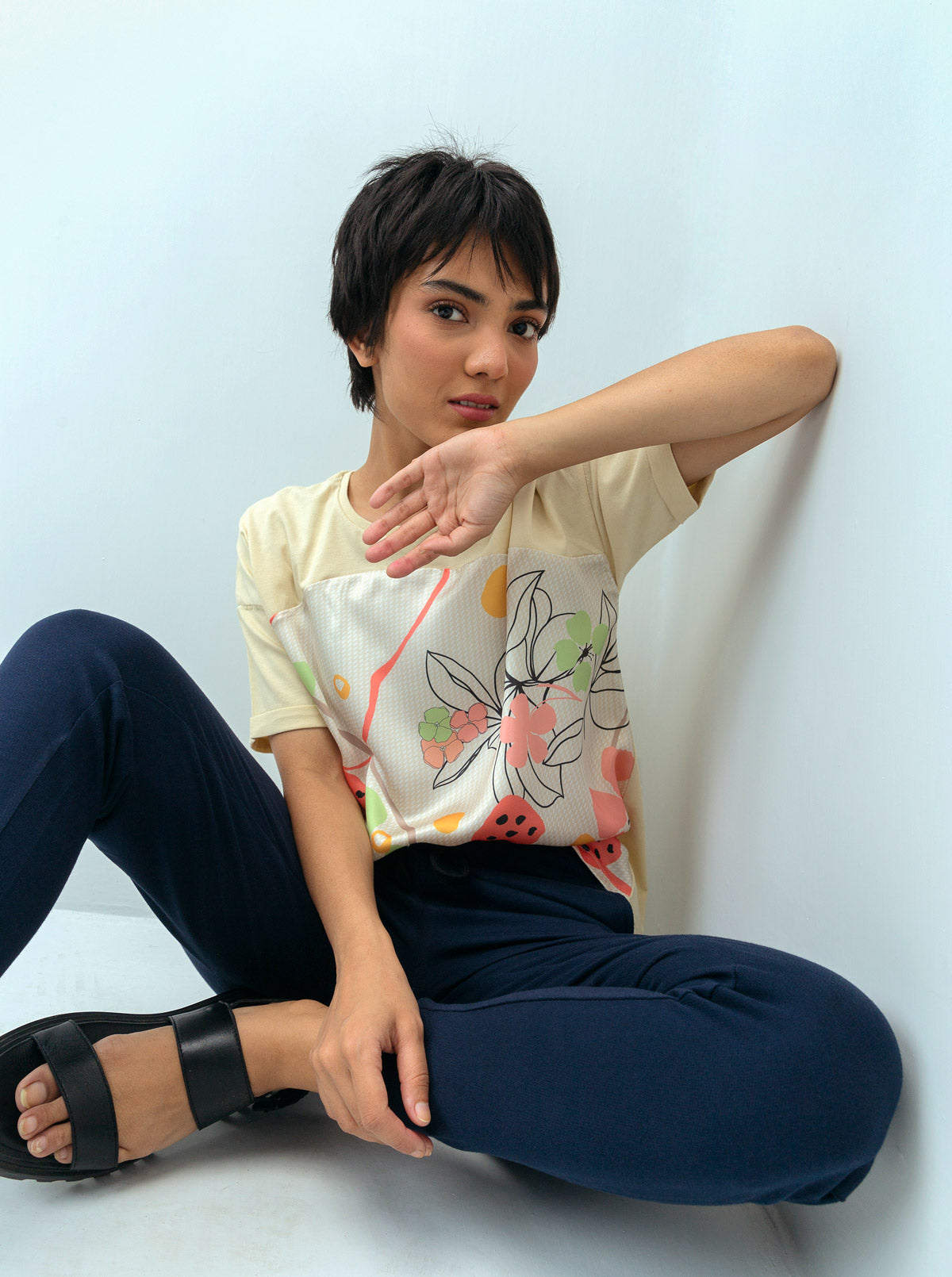 BEIGE FLORAL PRINTED SILK PANEL T-SHIRT