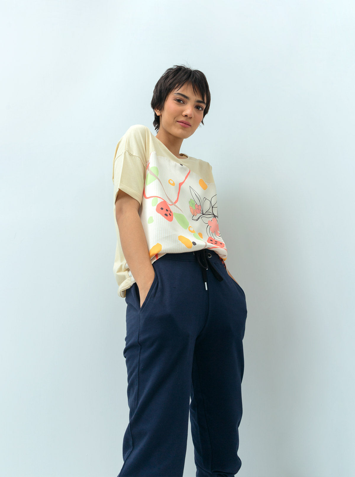 BEIGE FLORAL PRINTED SILK PANEL T-SHIRT