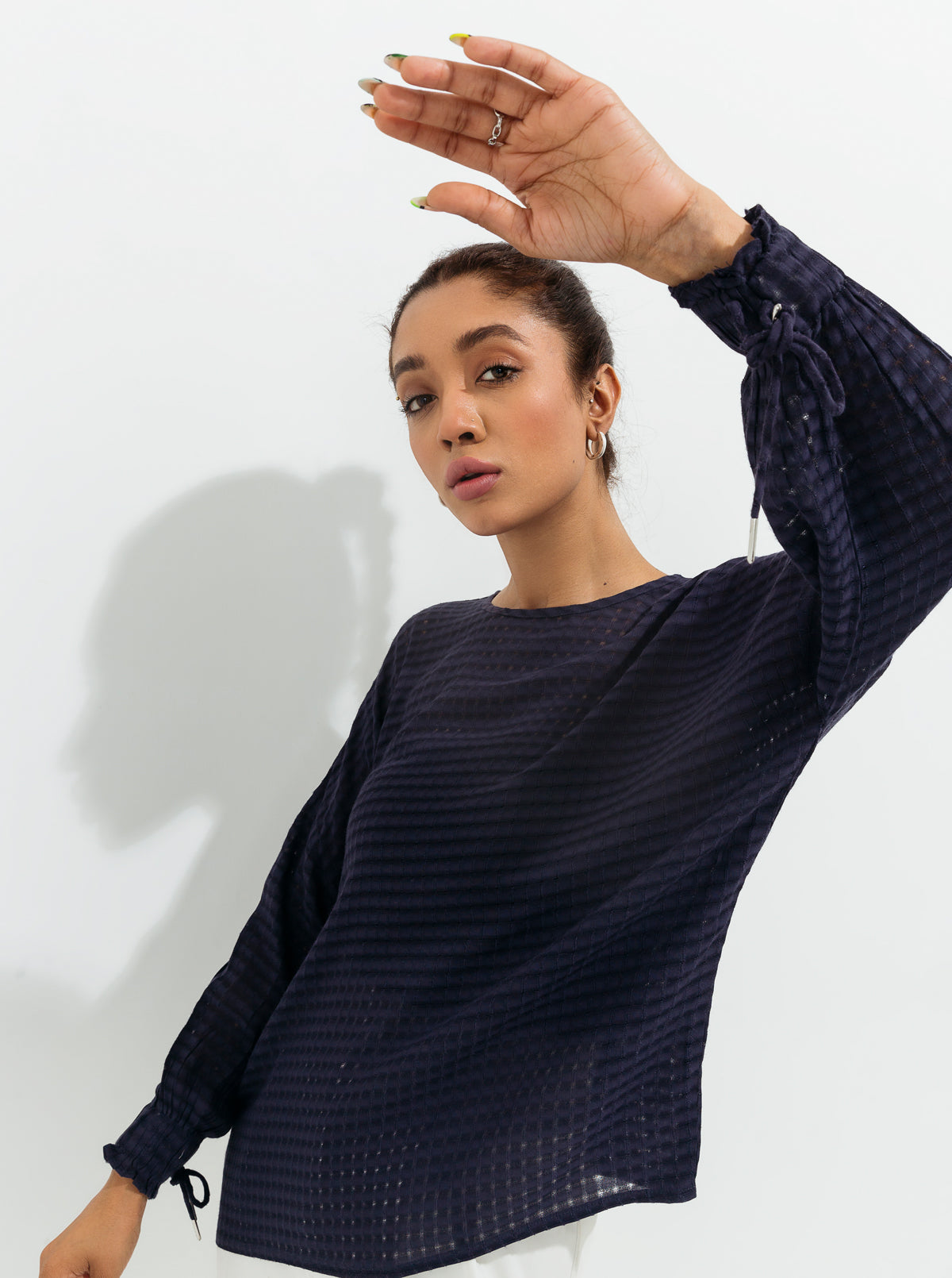 Navy Gathered Sleeve Top