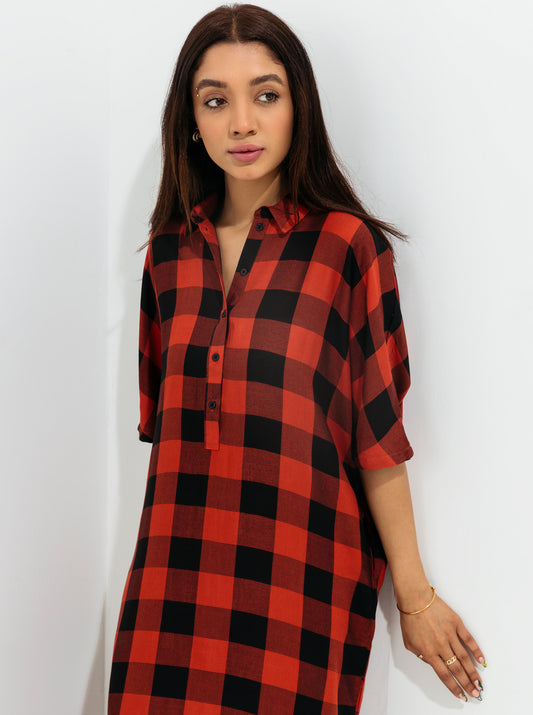 Red Checkered Collar Long Tunic