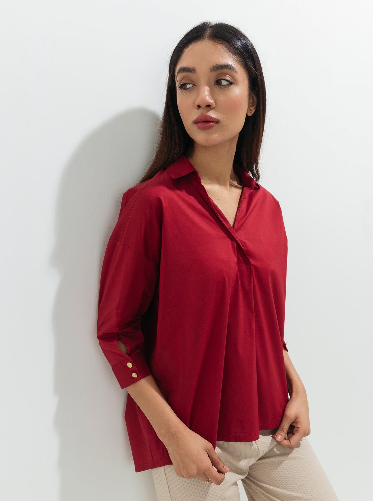 Red Silk Poplin Collar Top