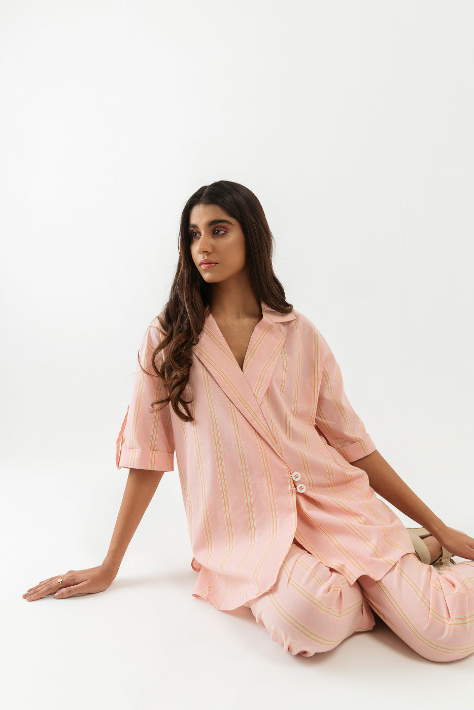 Striped Overlapped Collar Co-ord Set