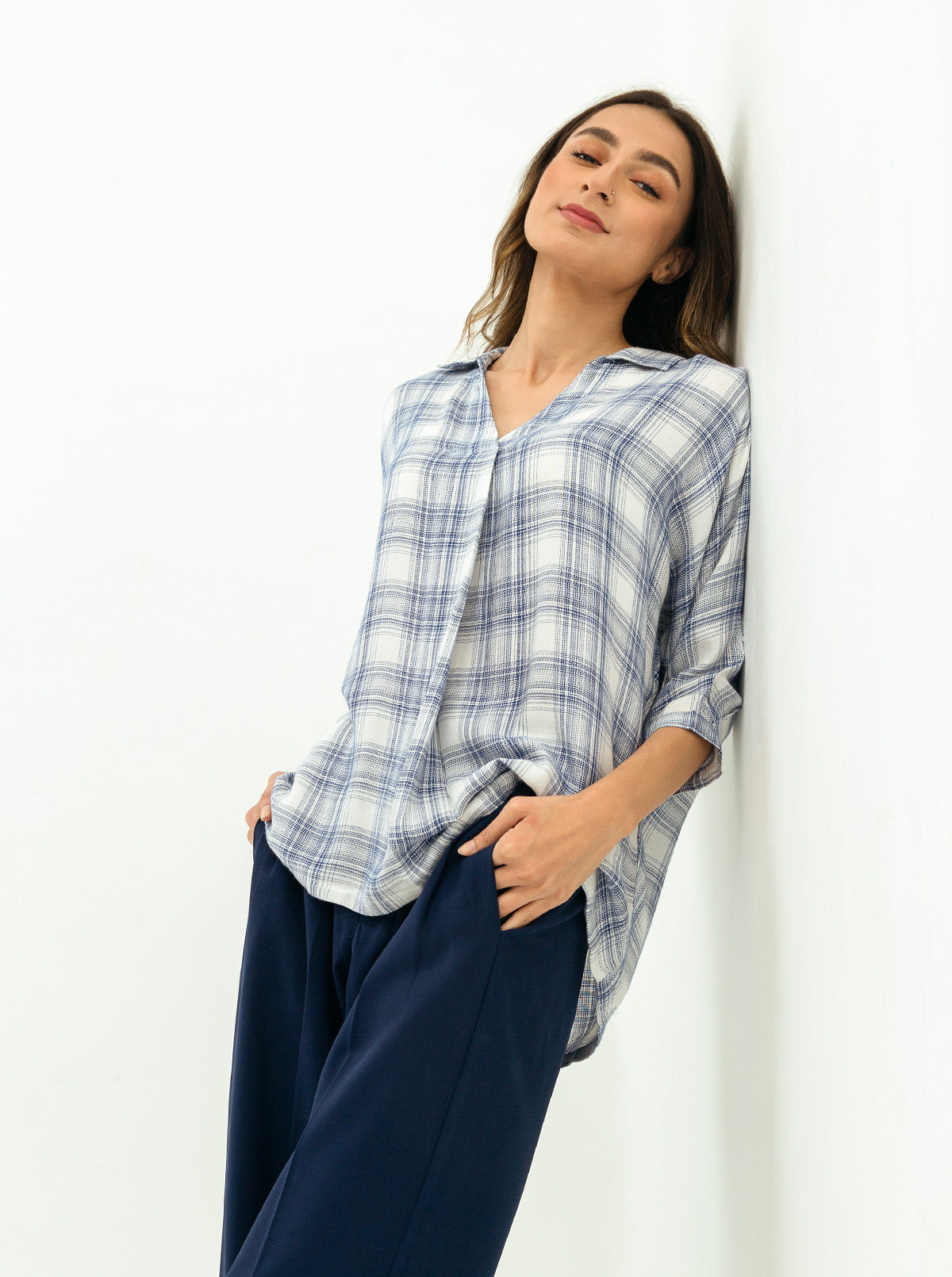 White Plaid Batwing Collar Top