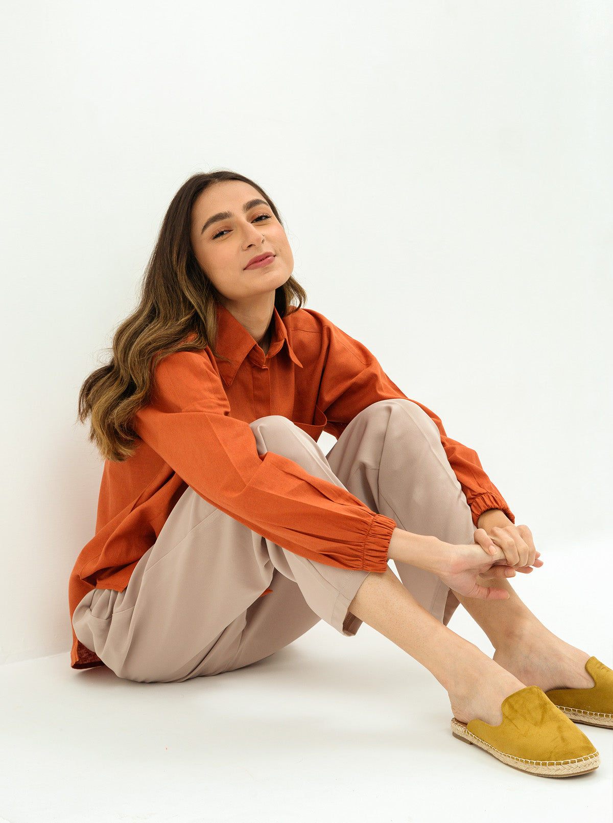 Orange Linen Oversized Pockets Shirt