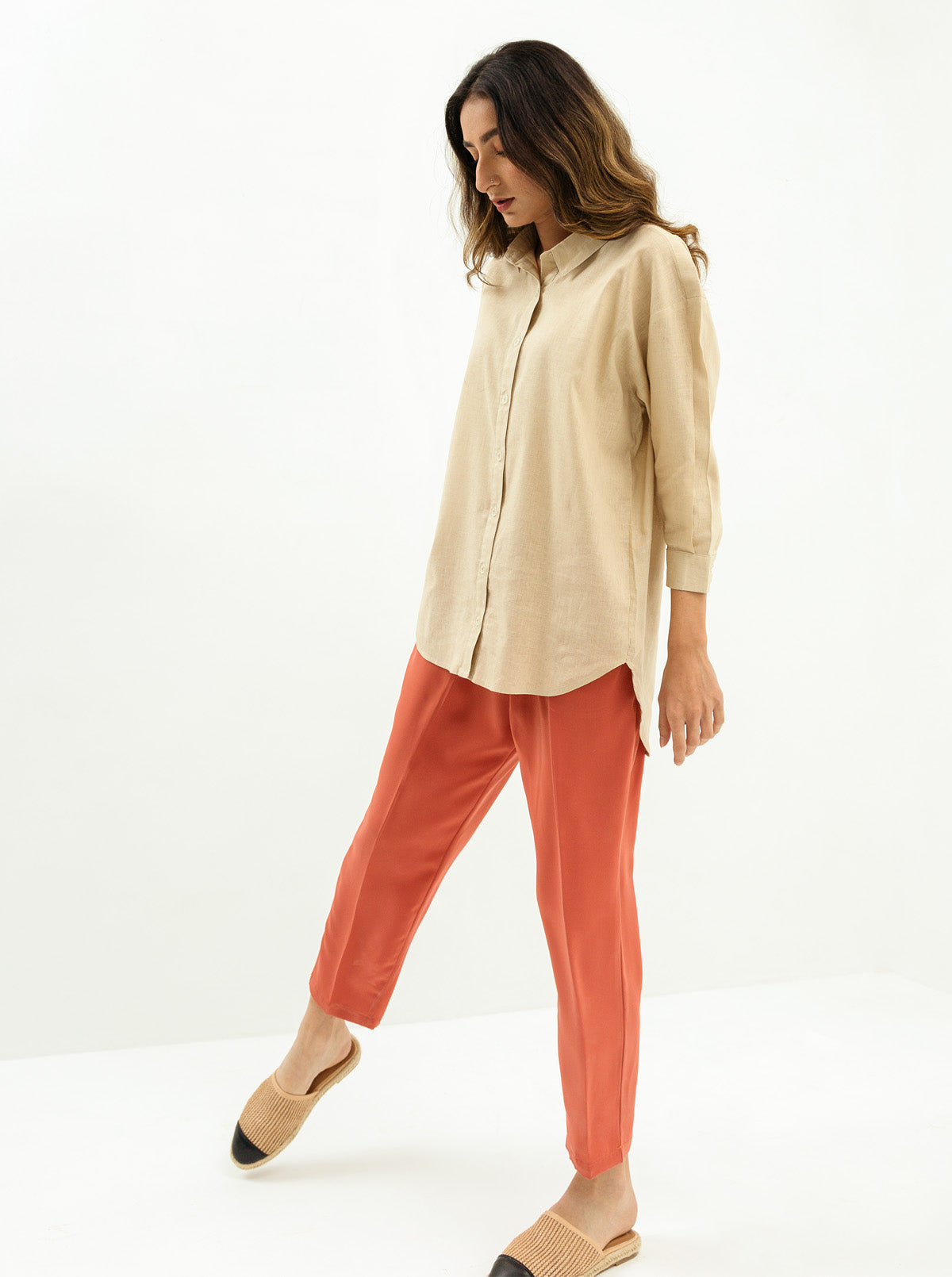 Beige Linen Round Hem Button Shirt