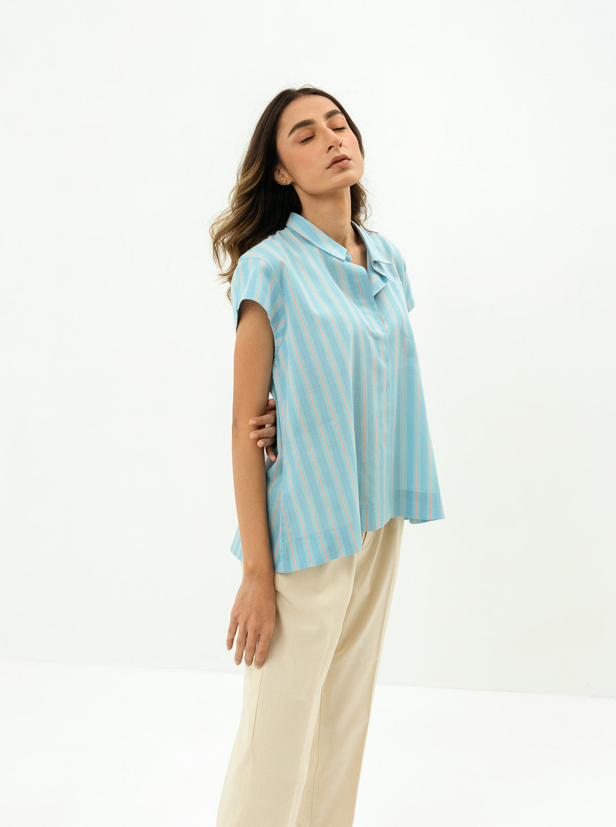 Blue Striped Cap Sleeved Collar Shirt