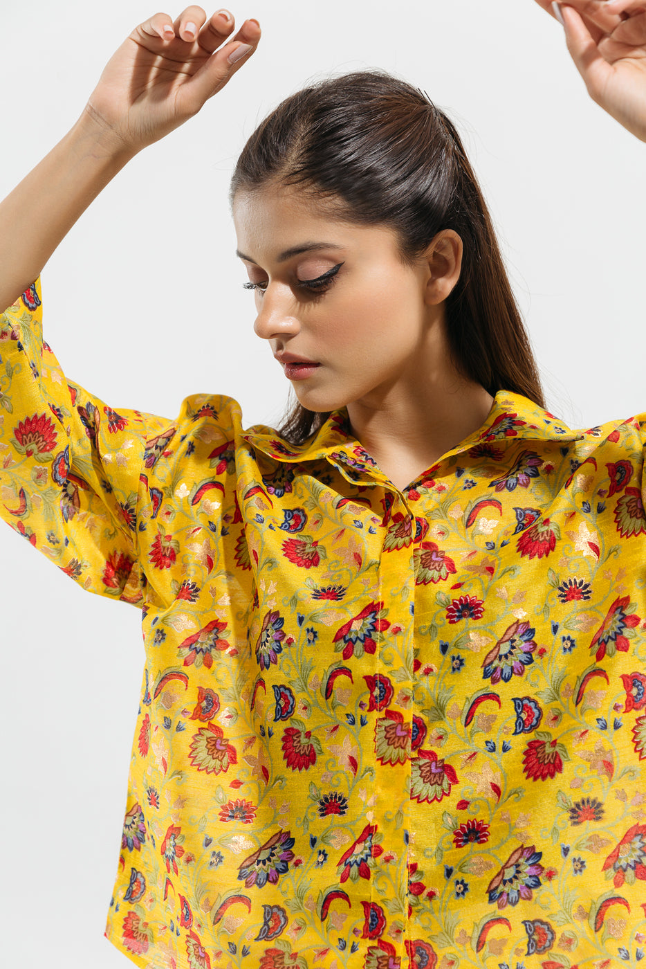 YELLOW FLORAL PRINTED BUTTON DOWN SHIRT