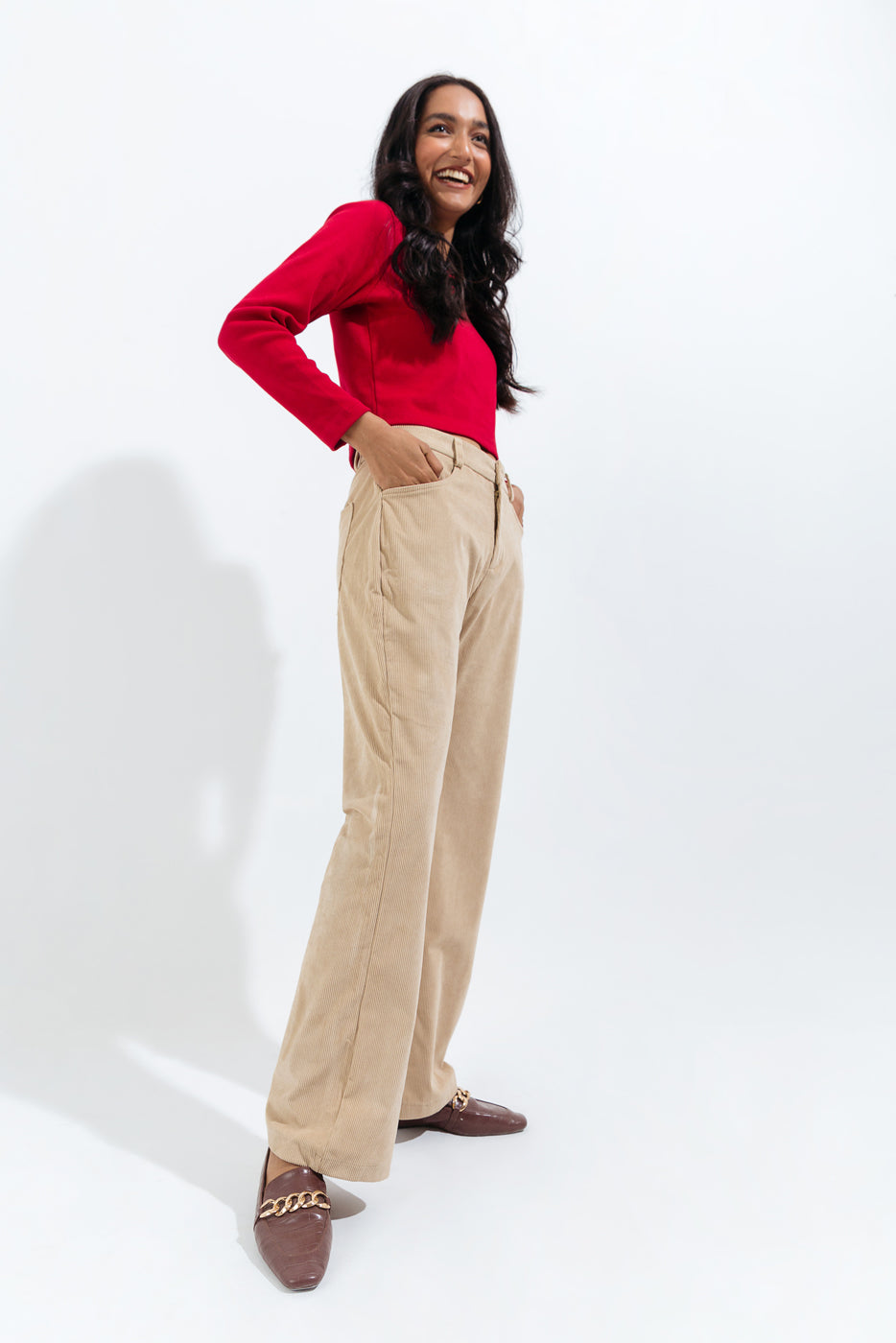 BEIGE CORDUROY WIDE LEG PANTS