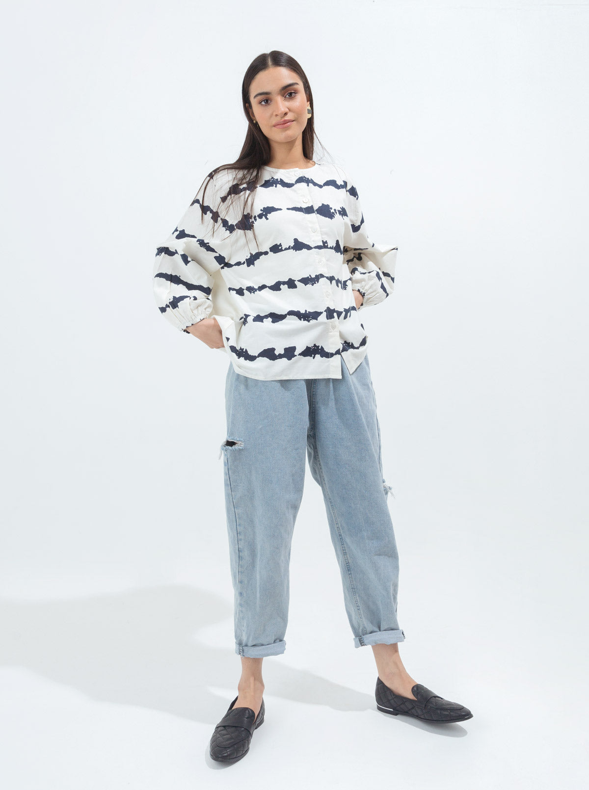 CREAM TIE & DYE BUTTONED TOP