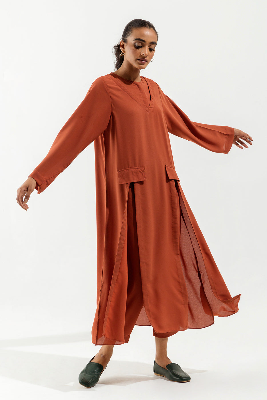 BROWN OVERLAPPED NECK CO-ORD SET