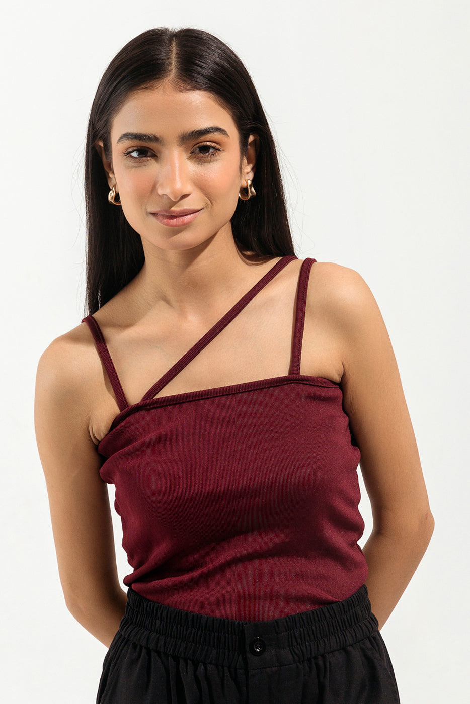 MAROON ASYMMETRICAL STRAP TANKTOP
