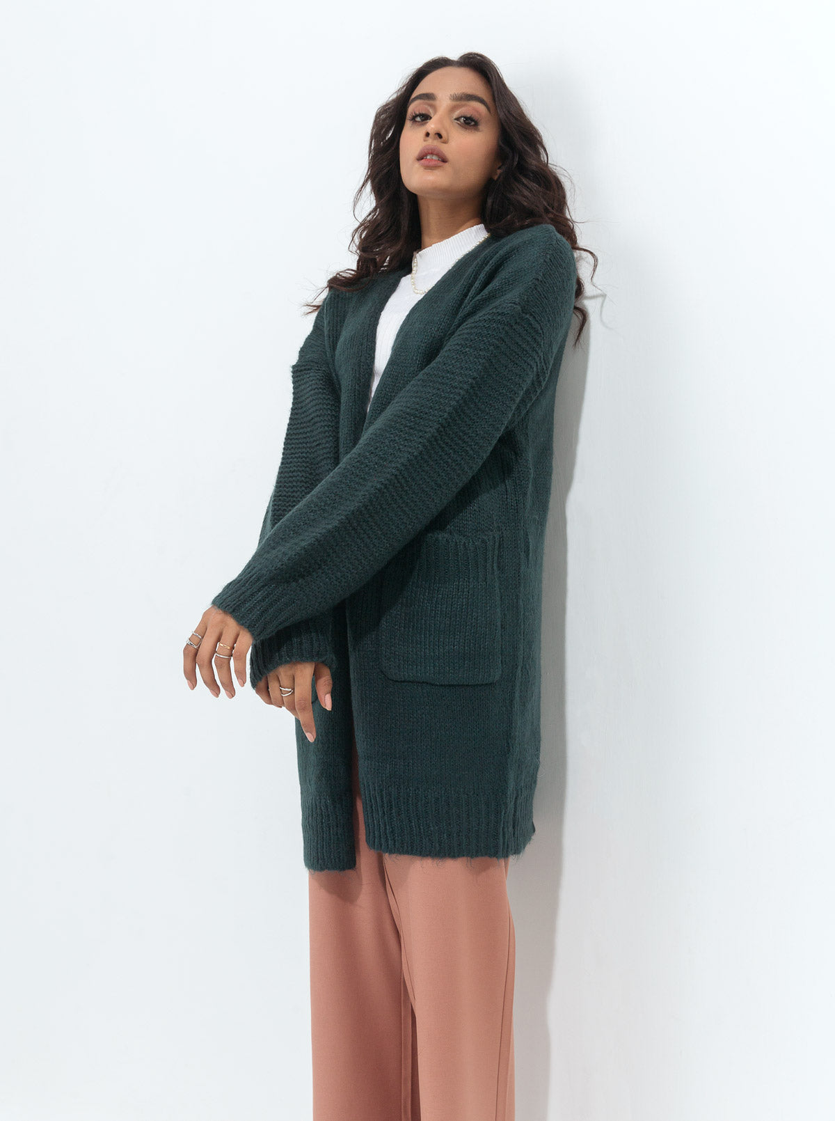 DARK GREEN LONG TEXTURED POCKET SHRUG