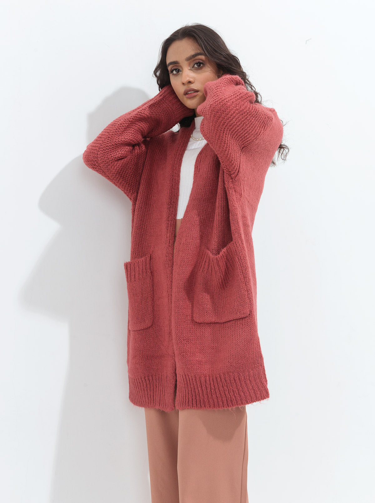 DARK MINK LONG TEXTURED POCKET SHRUG