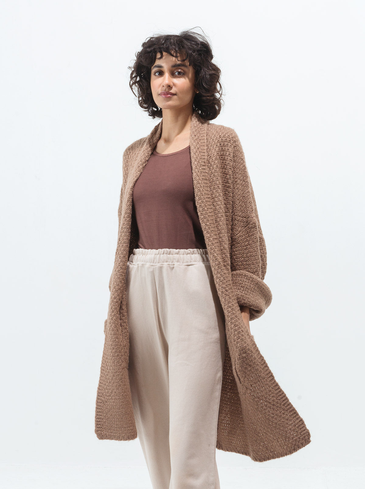 DARK BEIGE LAPEL TEXTURED KNIT SHRUG