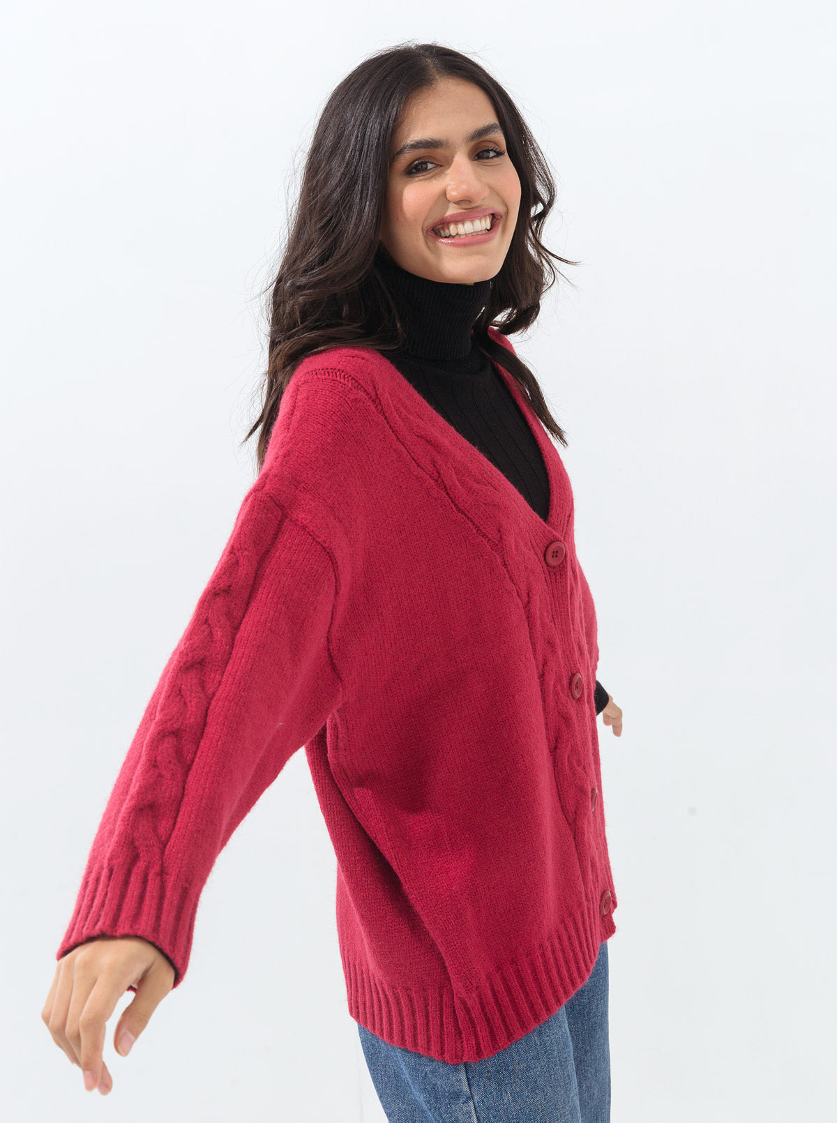 DULL RED OVERSIZED BRAID KNIT CARDIGAN