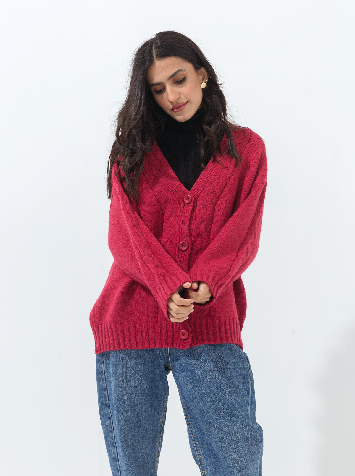 DULL RED OVERSIZED BRAID KNIT CARDIGAN