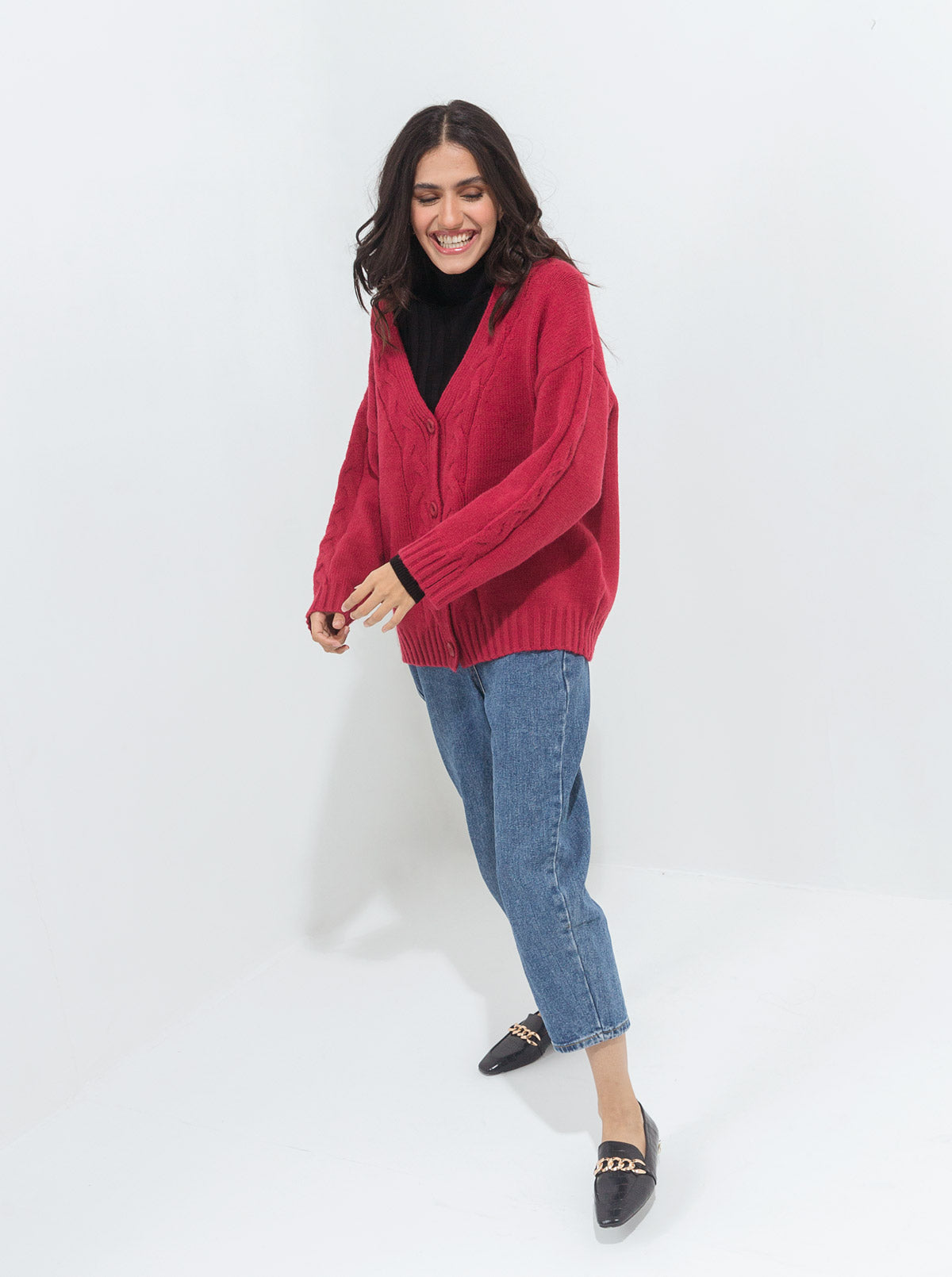 DULL RED OVERSIZED BRAID KNIT CARDIGAN