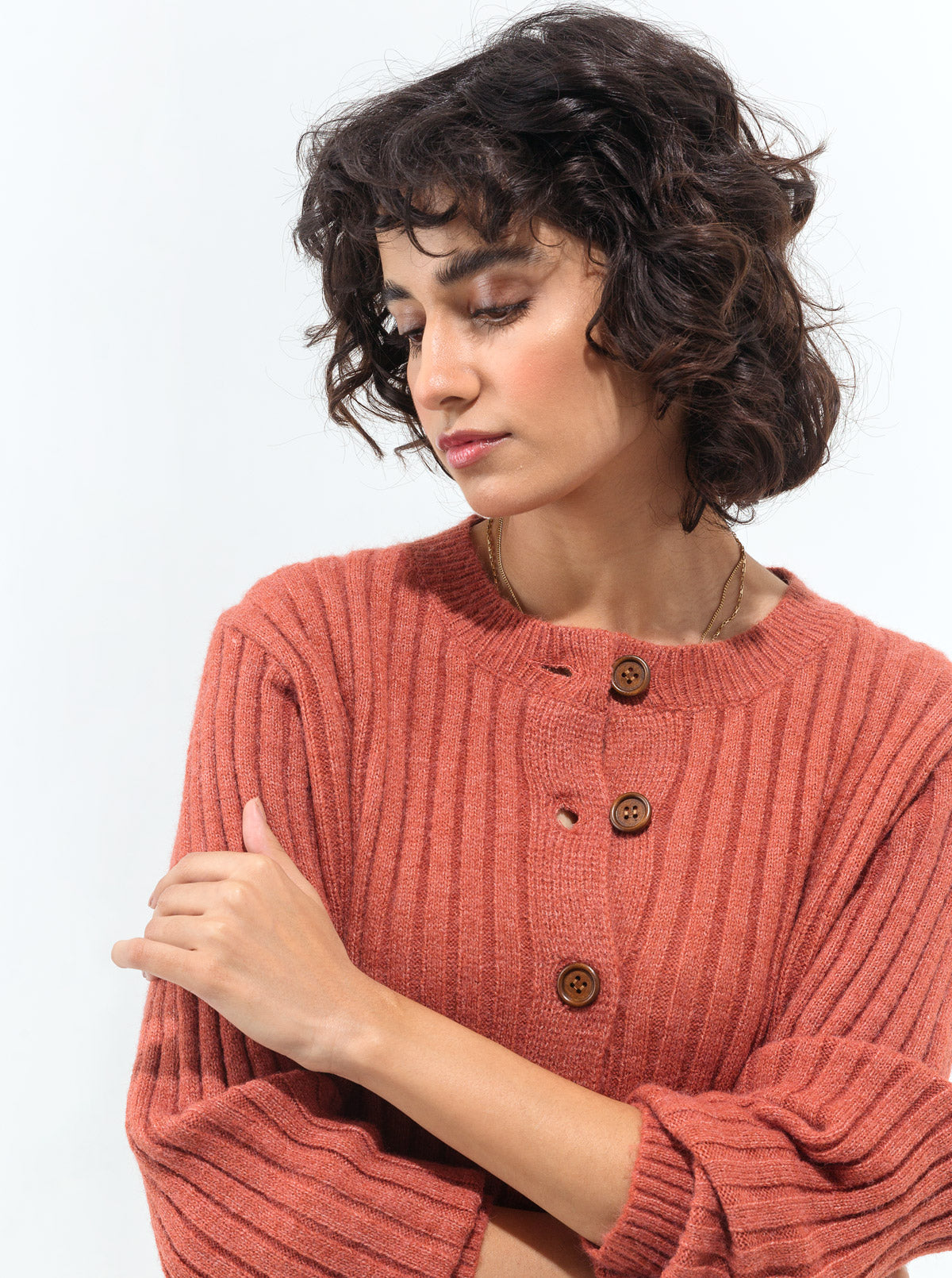 DARK CORAL RIBBED CARDIGAN