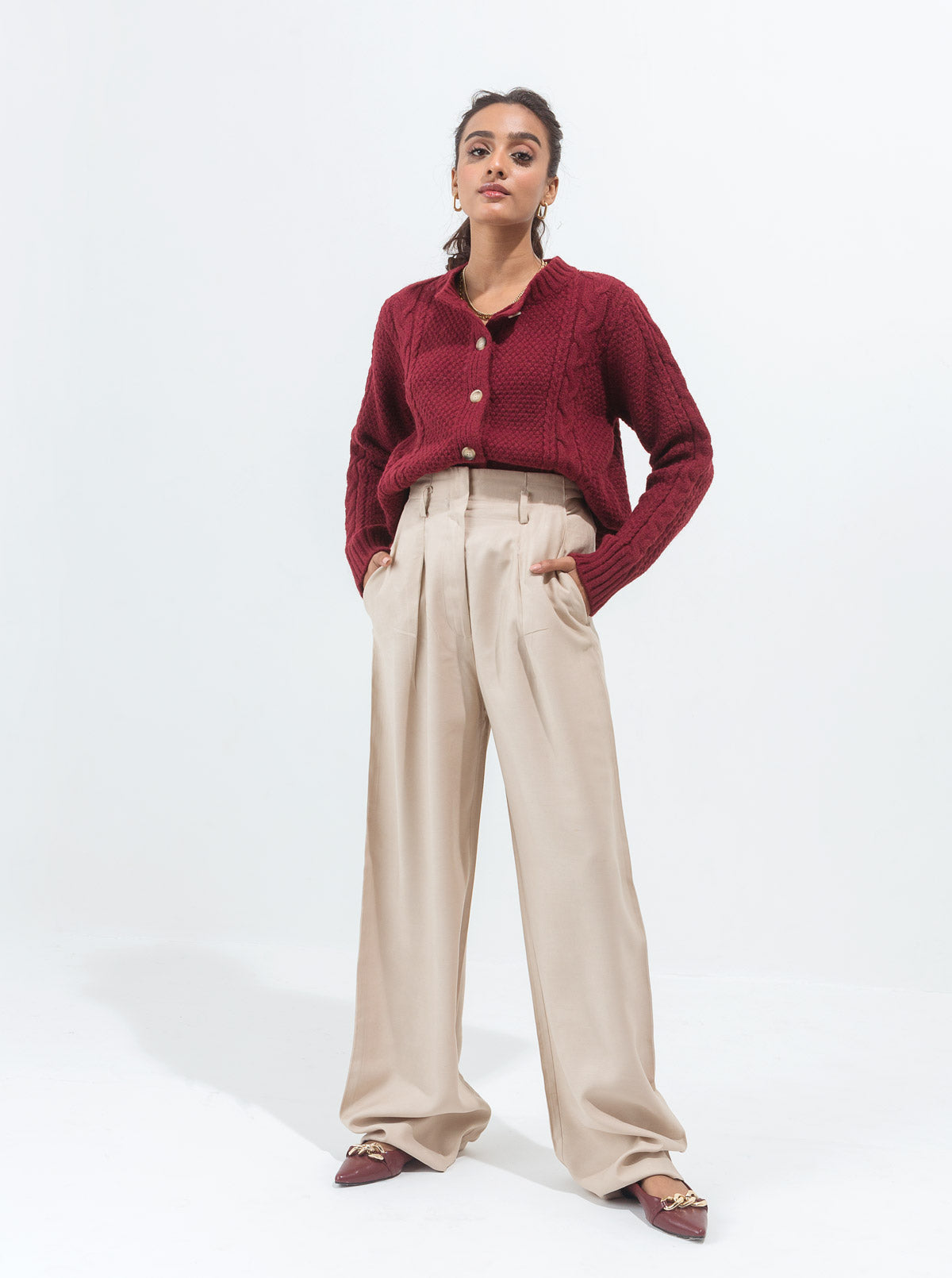 MAROON COMBINATION CABLE KNIT CARDIGAN