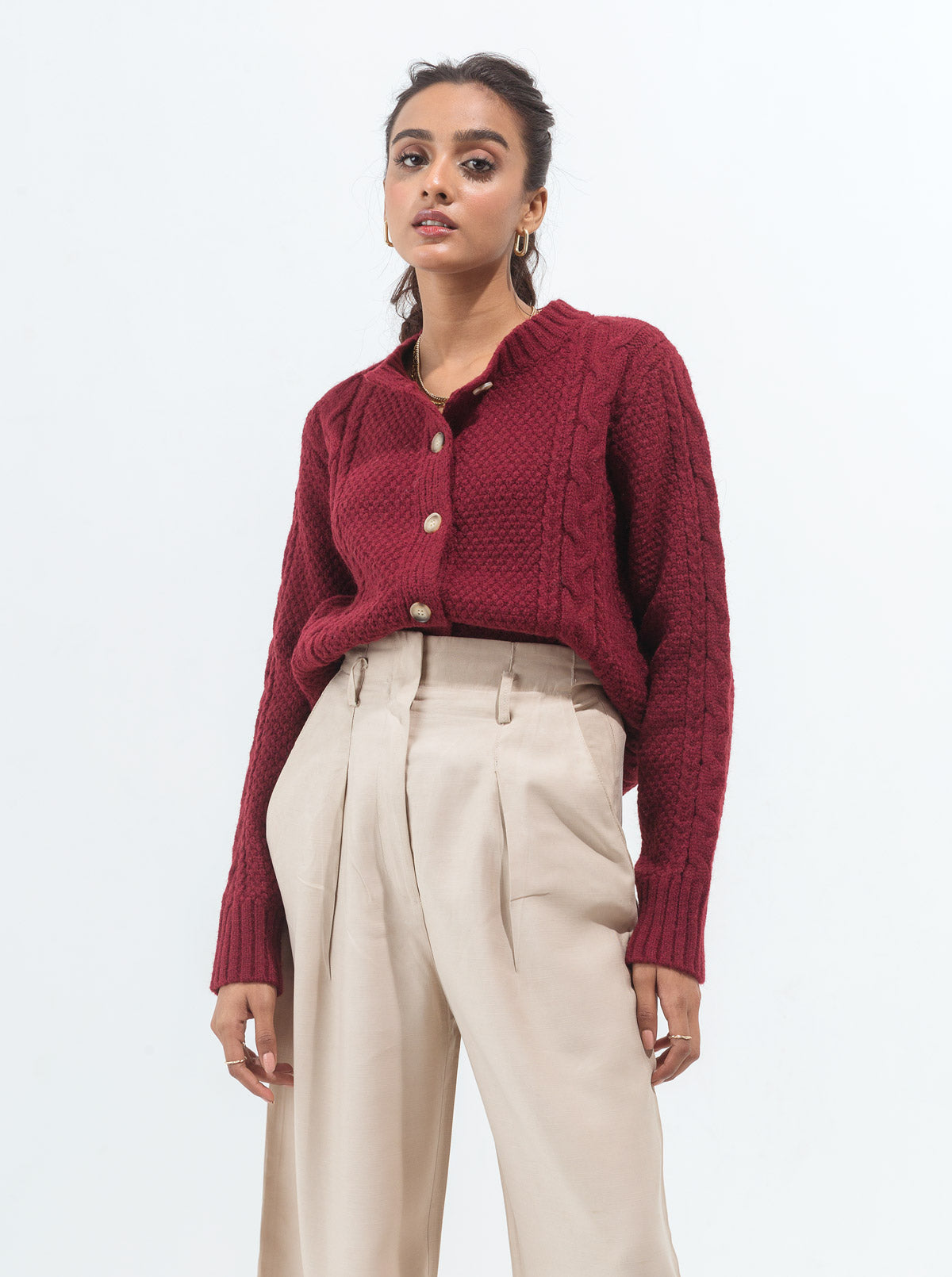 MAROON COMBINATION CABLE KNIT CARDIGAN