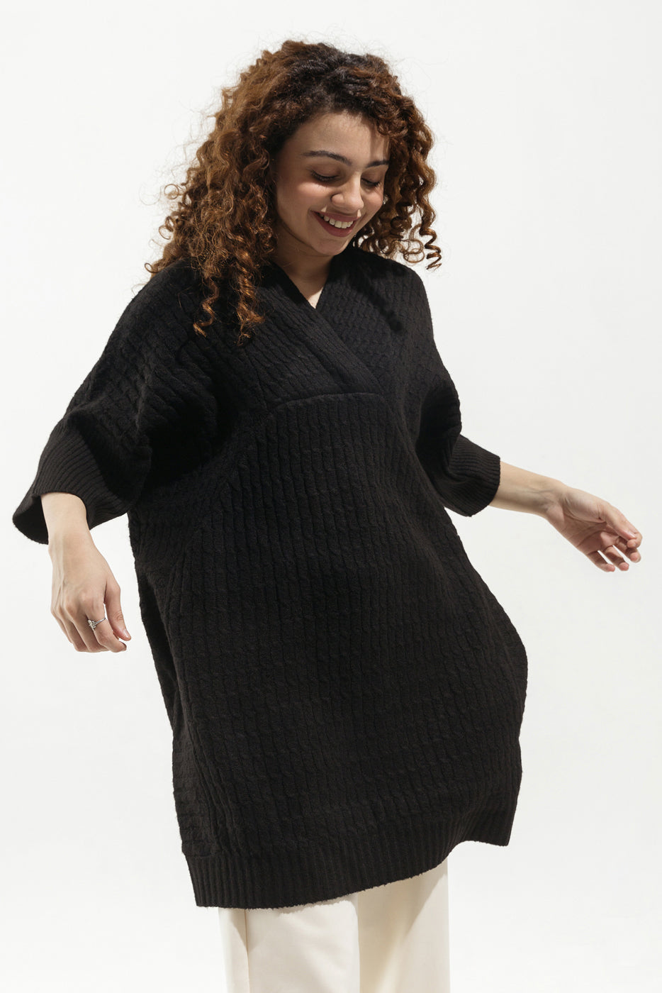 BLACK OVERLAPPED NECKLINE SWEATER