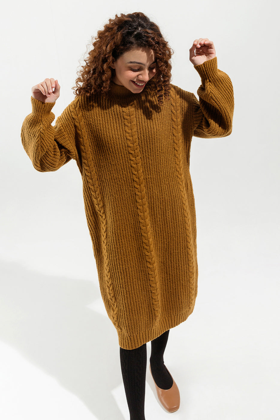 MUSTARD RIB-KNIT SWEATER DRESS