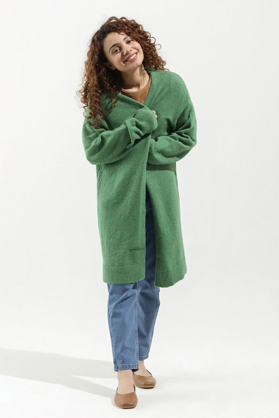 GREEN LONG FINE KNIT CARDIGAN