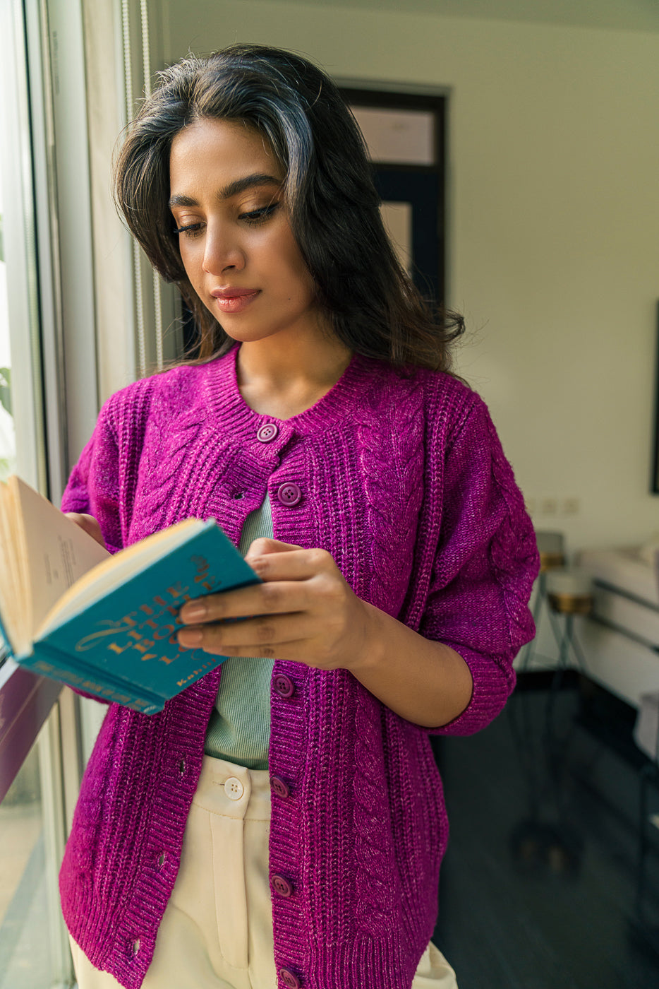 MAGENTA CABLE KNIT CARDIGAN