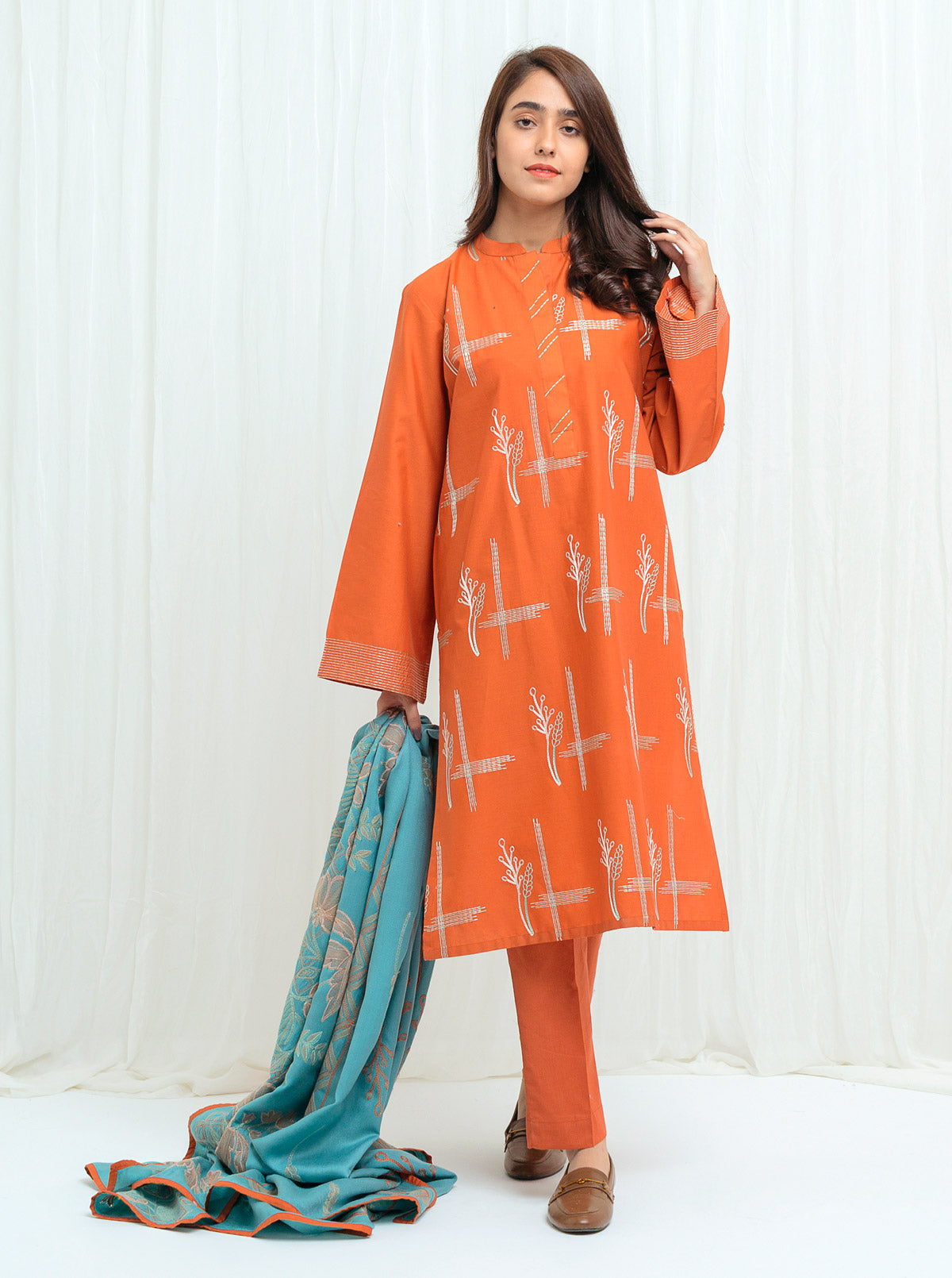 Autumn Blaze With Embroidered Shawl - 3P