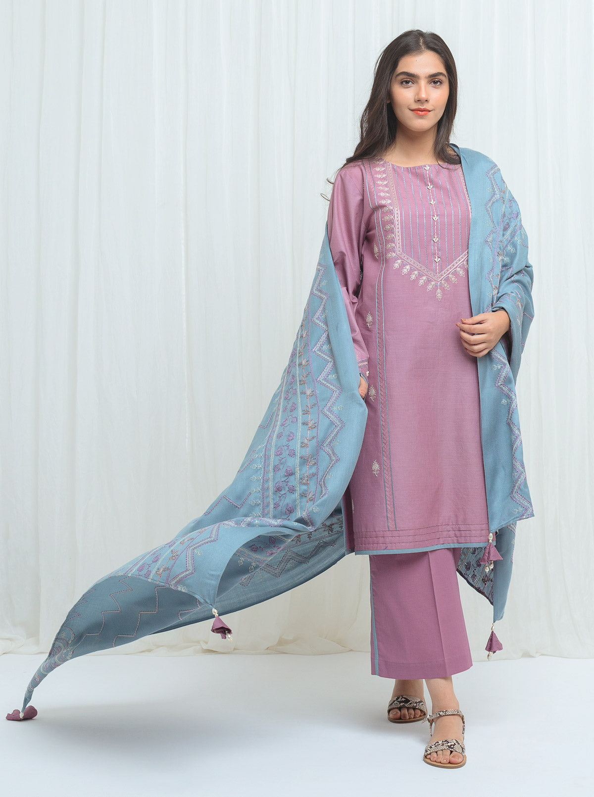 Dusty Lavender With Embroidered Shawl-3P