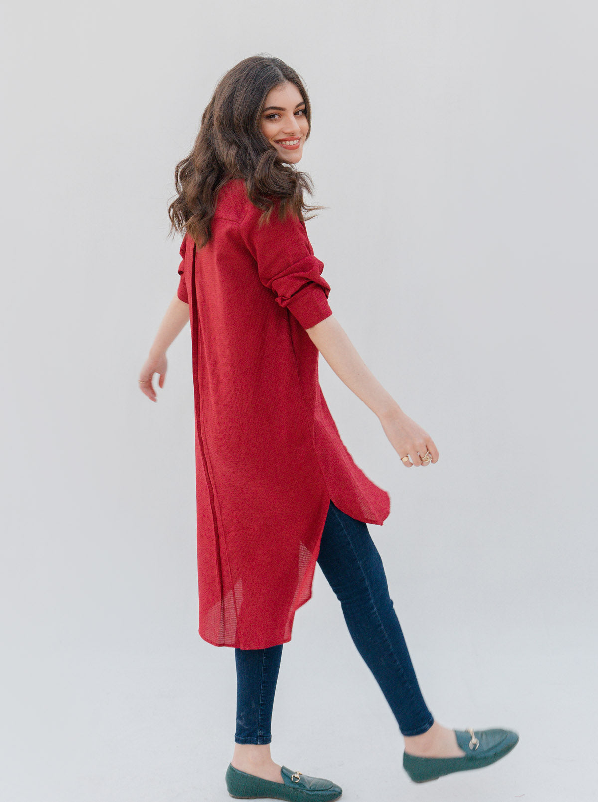 RED TEXTURED LONG TUNIC