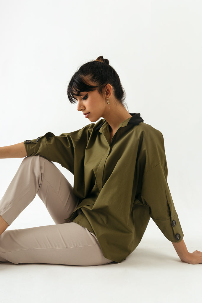 Olive Green Rib Collar Shirt