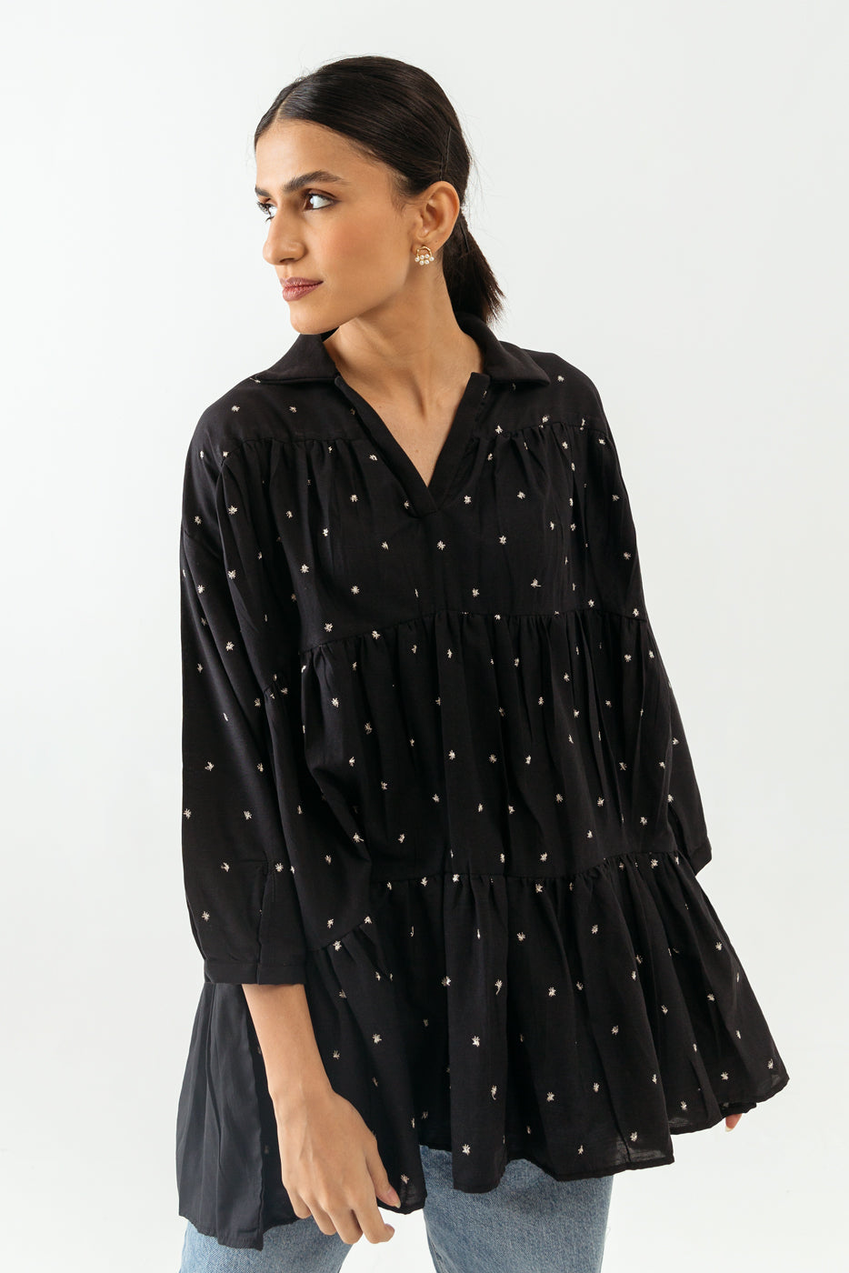 Black Embroidered Panelled Top