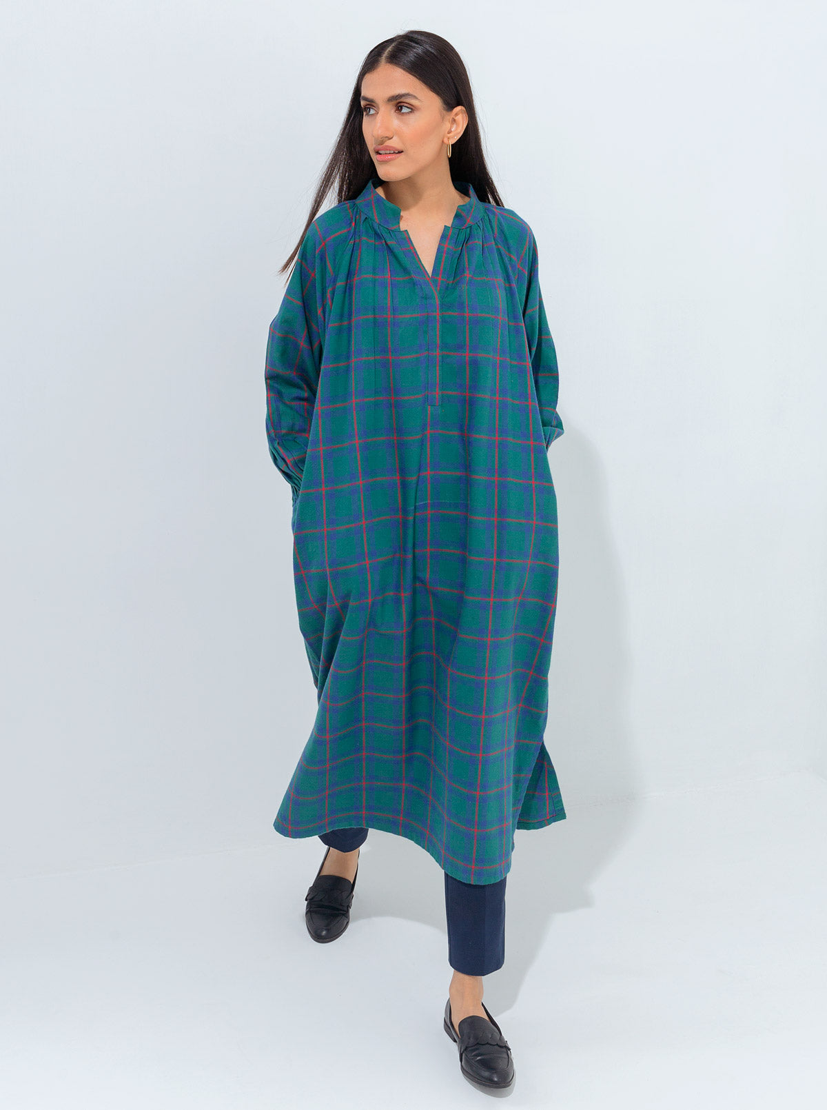 GREEN CHECK FLANNEL LONG DRESS