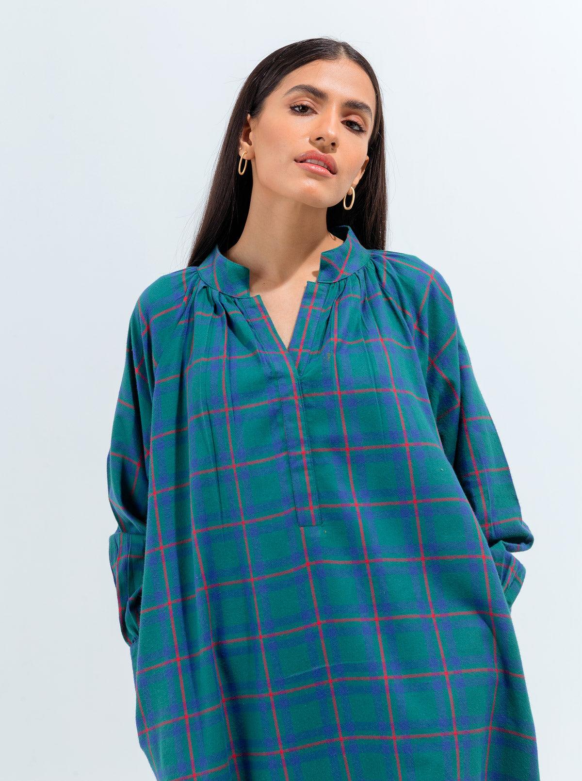 GREEN CHECK FLANNEL LONG DRESS
