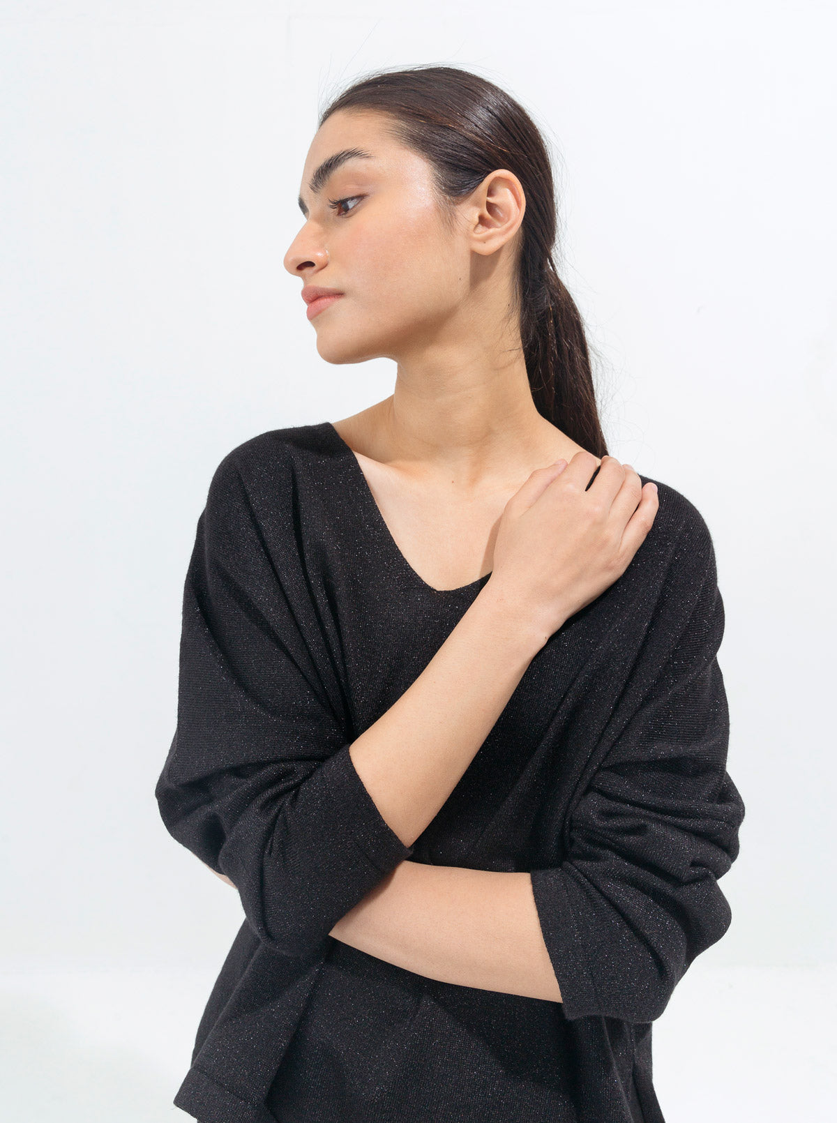 BLACK SHIMMER FINE KNIT TOP