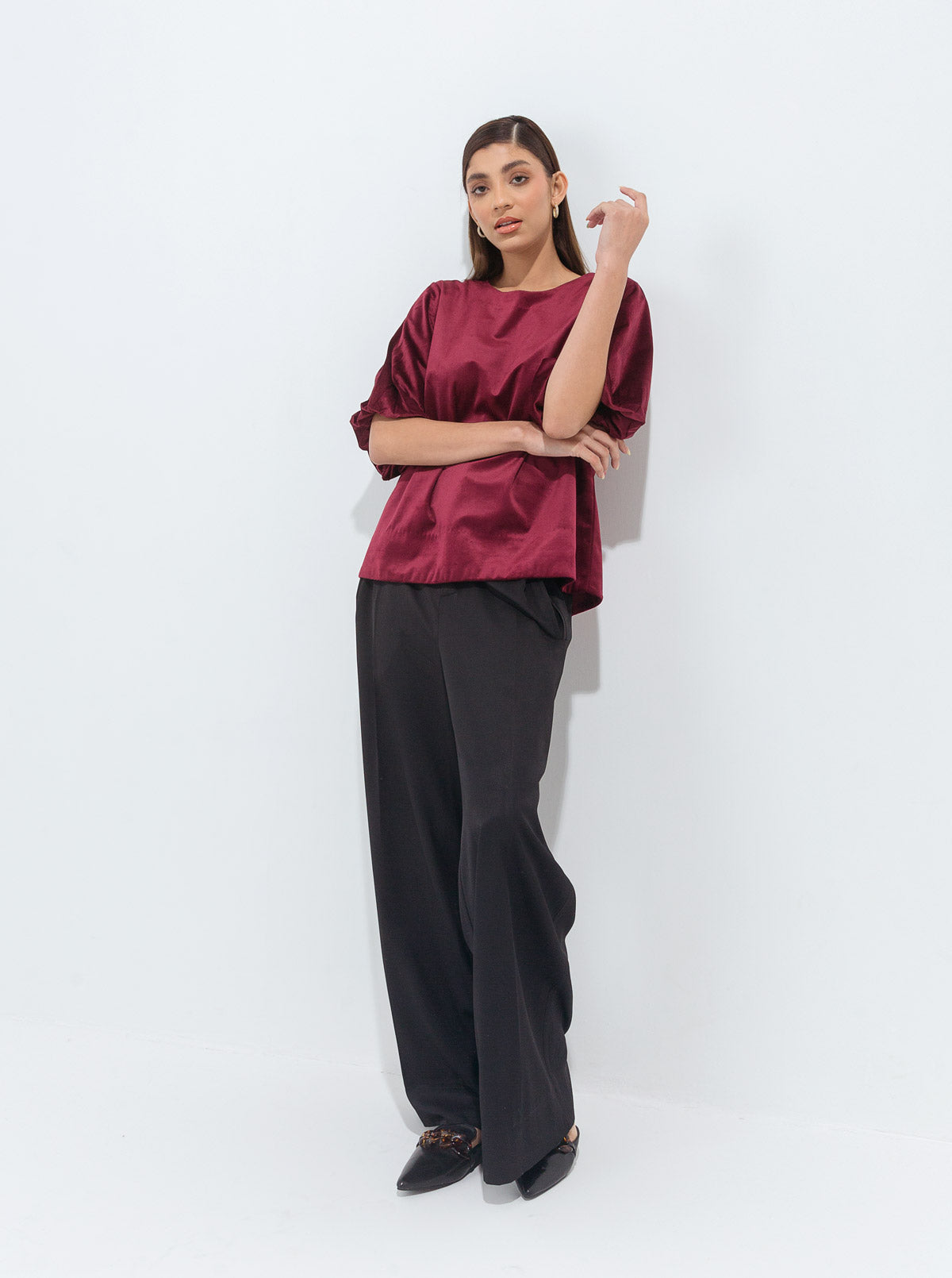 MAROON PUFFED SLEEVES VELOUR TOP