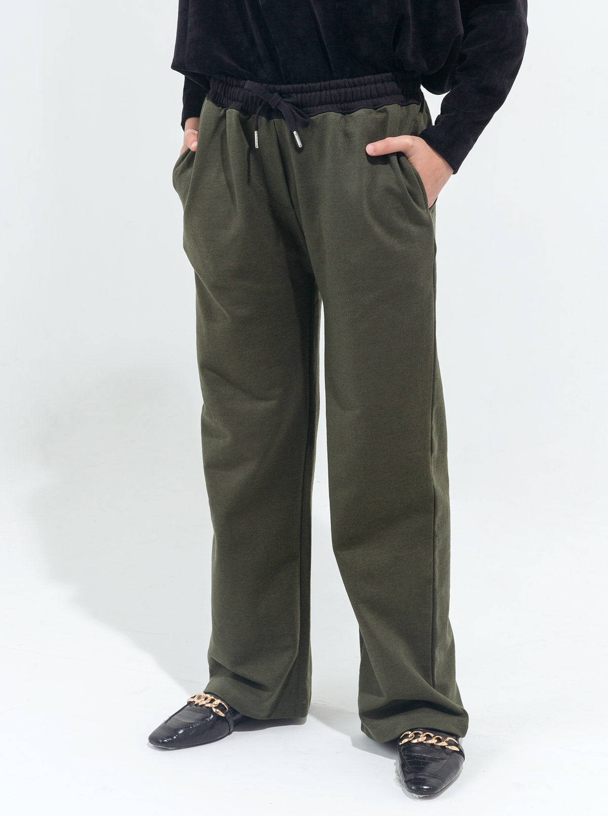OLIVE GREEN CONTRAST WAIST-BELT FLEECE PANTS