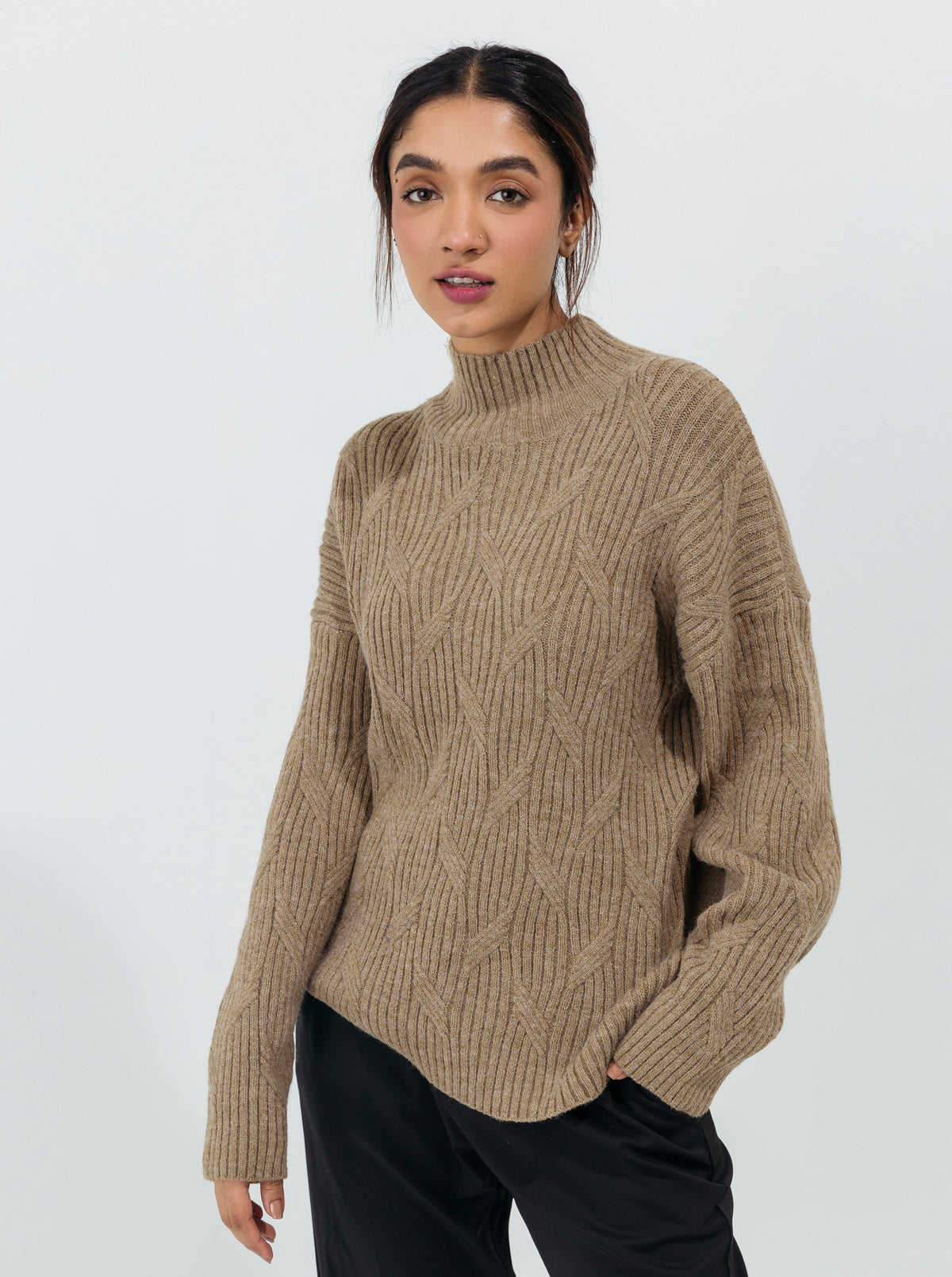 DULL OLIVE DOUBLE PATTERN KNIT PULLOVER