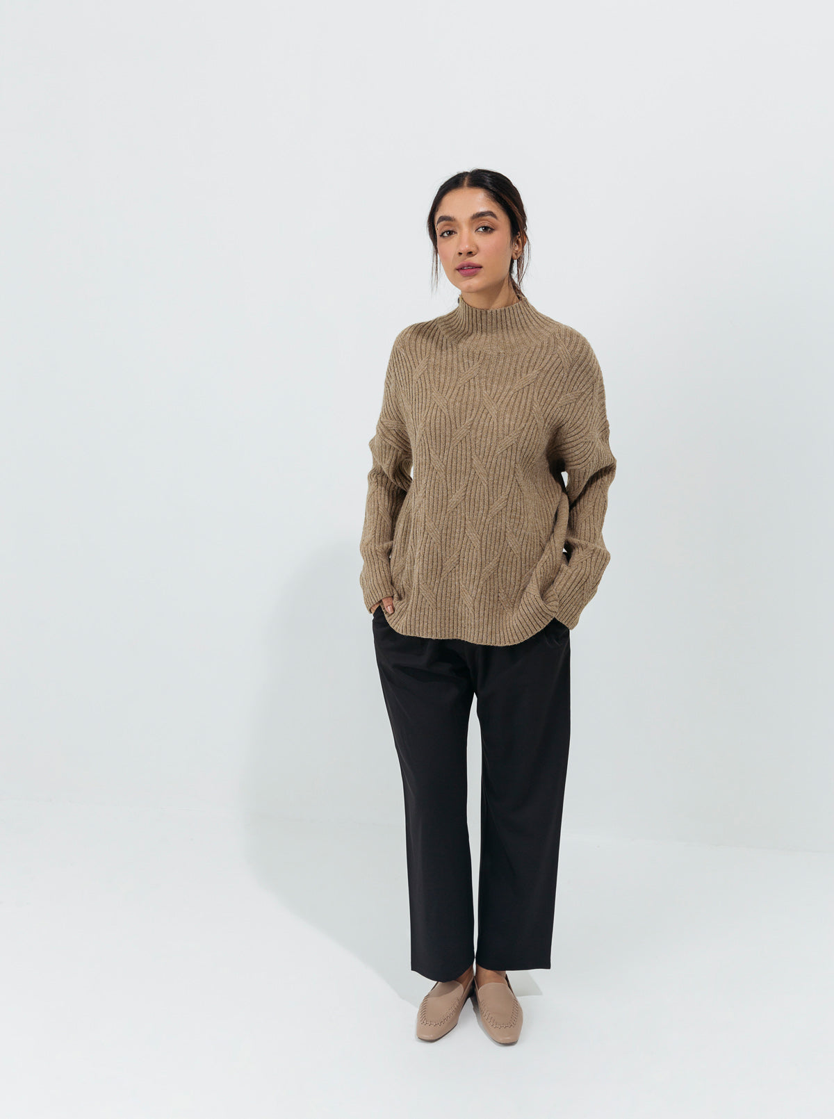 DULL OLIVE DOUBLE PATTERN KNIT PULLOVER