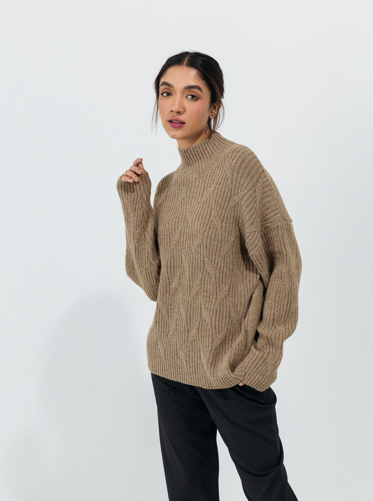 DULL OLIVE DOUBLE PATTERN KNIT PULLOVER