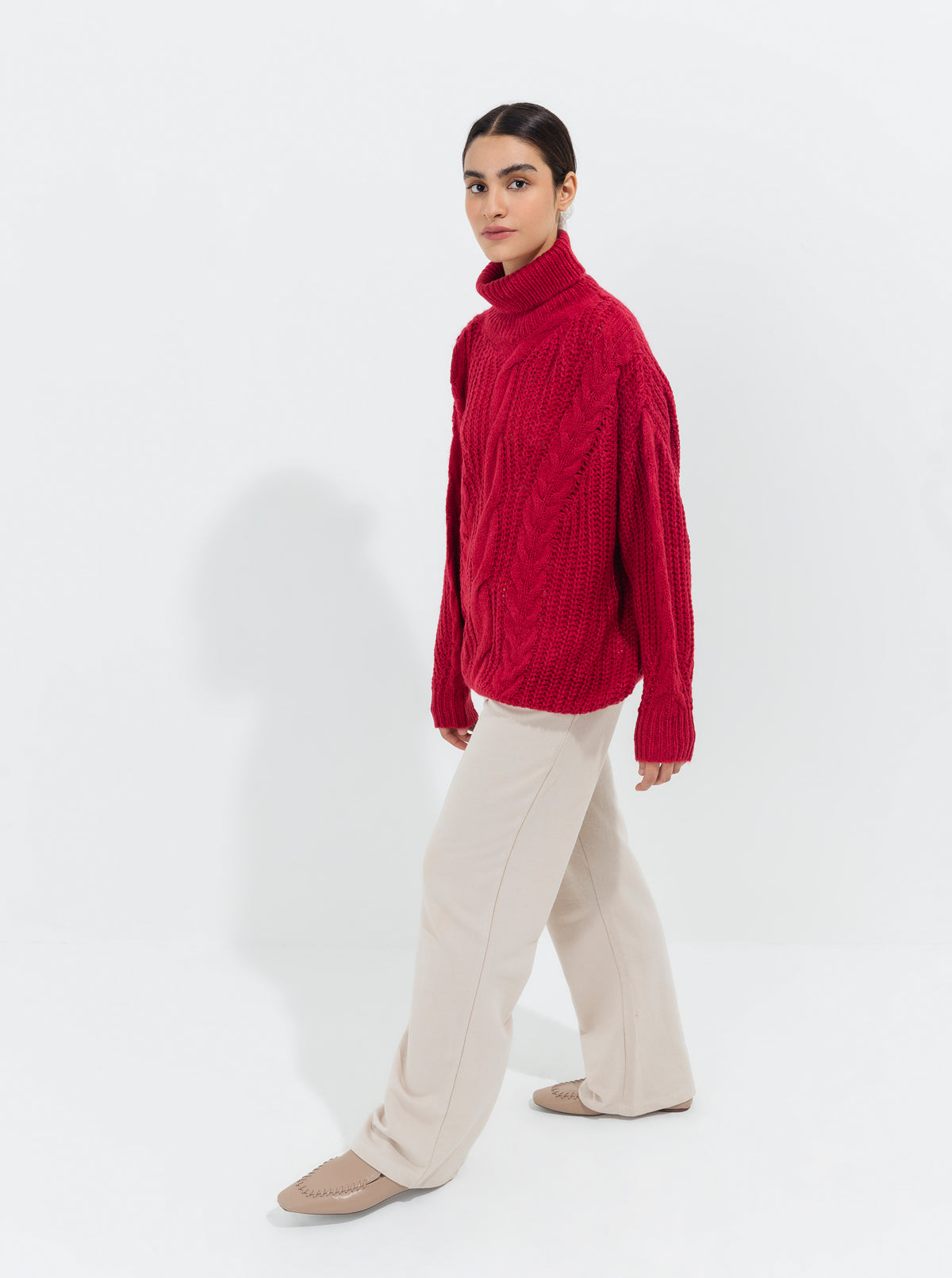 RED PURL CABLE KNIT PULLOVER