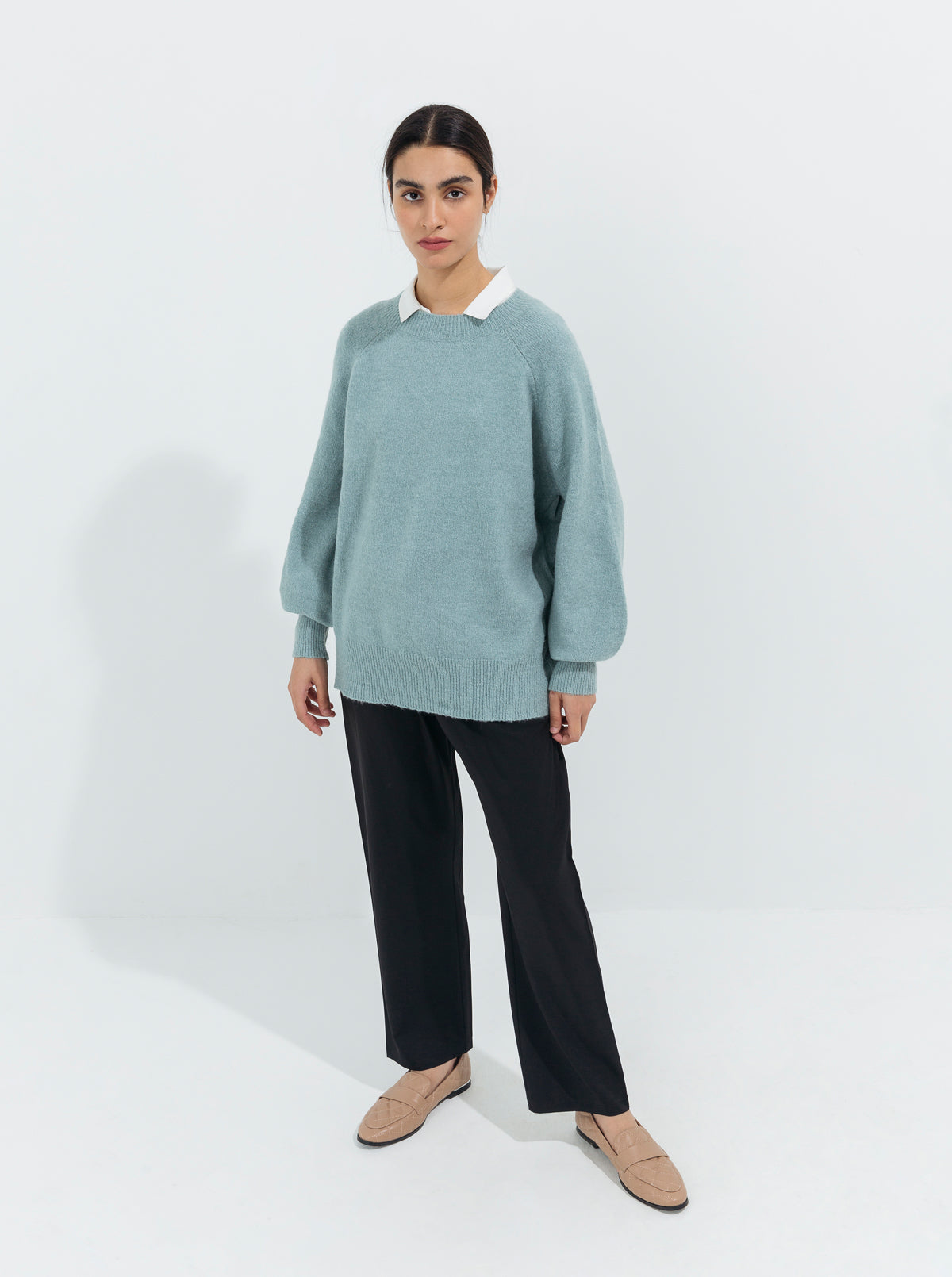 PALE BLUE BALLOON SLEEVED PULLOVER