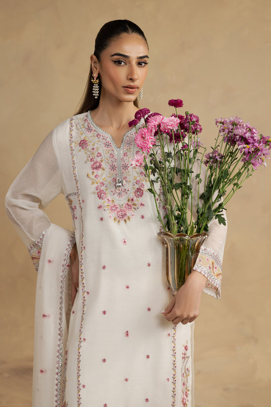 3 PIECE EMBROIDERED KHADDI NET SUIT (LUXURY-PRET)