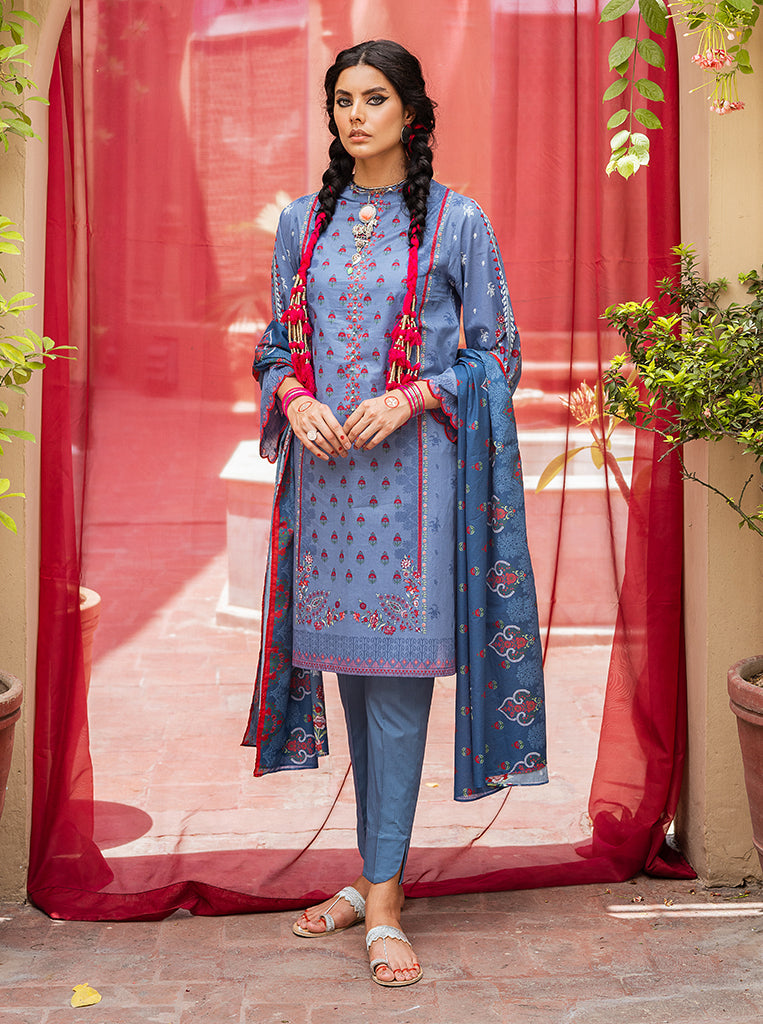 3 PIECE - PRINTED LAWN SUIT - BLUE BLUSH MORBAGH SU_21   