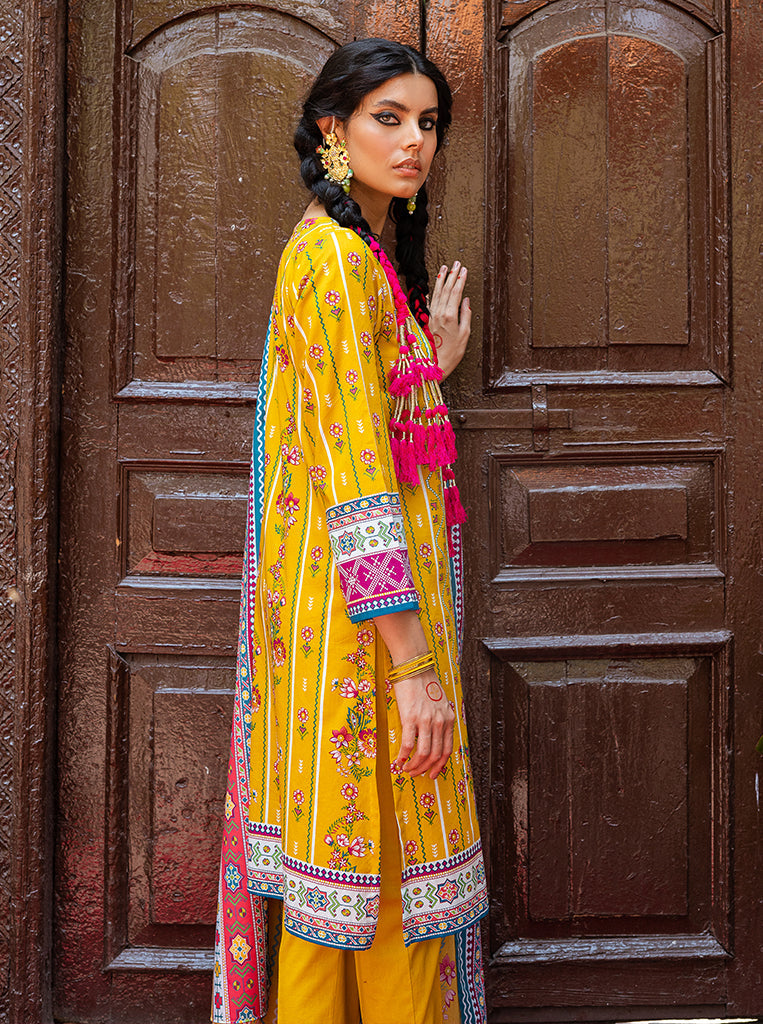 3 PIECE - PRINTED LAWN SUIT - MUSTARD FLORAL MORBAGH SU_21   