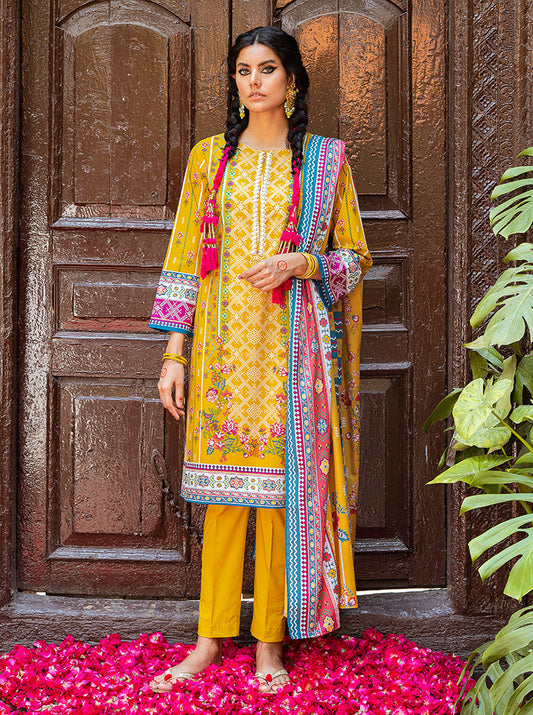 3 PIECE - PRINTED LAWN SUIT - MUSTARD FLORAL MORBAGH SU_21   