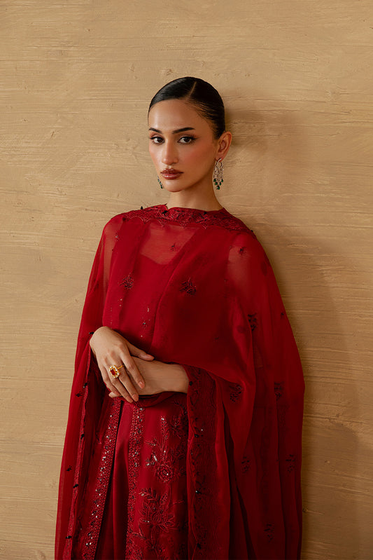 4 PIECE EMBROIDERED CHIFFON SUIT-DEEP INFERNO (LUXURY UNSTITCHED)