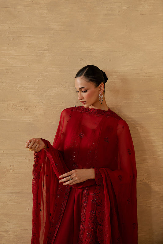 4 PIECE EMBROIDERED CHIFFON SUIT-DEEP INFERNO (LUXURY UNSTITCHED)
